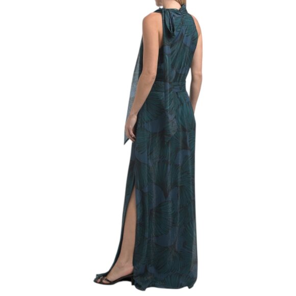 BETSY & ADAM Teal Multi High Neck Printed Gown - Picture 2 of 4